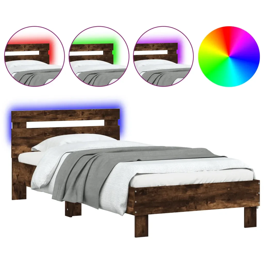 Letto singolo | Letto per adulti | Giroletto con Testiera e LED Rovere Fumo 90x190 cm