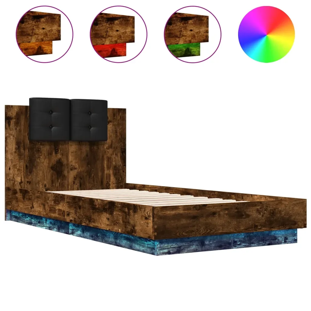 Letto singolo | Letto per adulti | Giroletto con Testiera e LED Rovere Fumo 90x190 cm