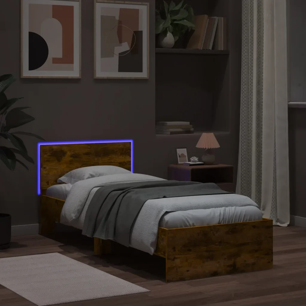 Letto singolo | Letto per adulti | Giroletto con Testiera e LED Rovere Fumo 90x190 cm - Image 5