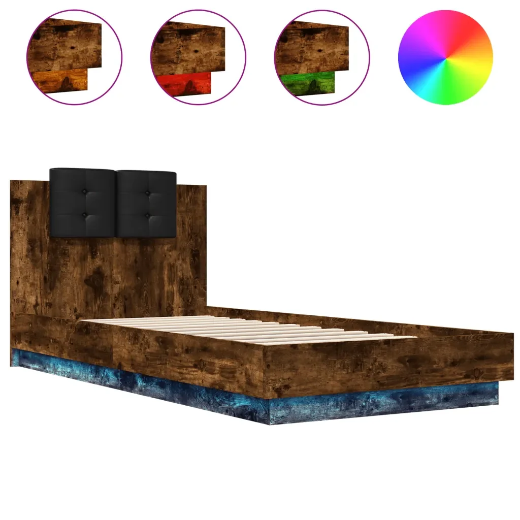 Letto singolo | Letto per adulti | Giroletto con Testiera e LED Rovere Fumo 90x200 cm