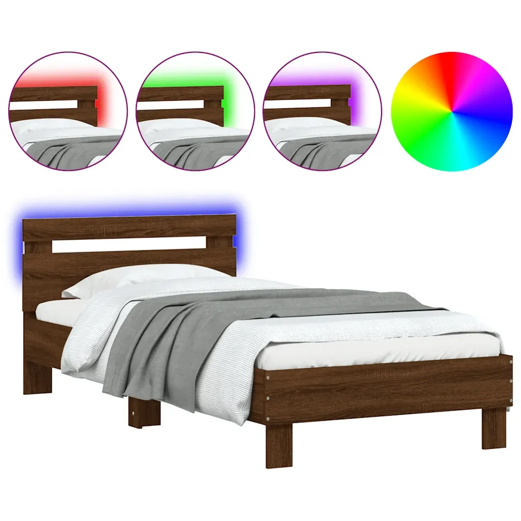 Letto singolo | Letto per adulti | Giroletto con Testiera e LED Rovere Marrone 75x190 cm