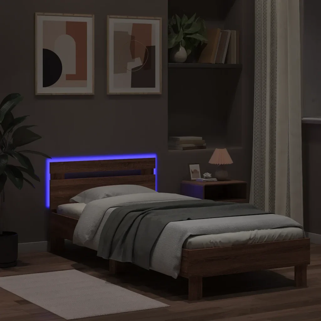Letto singolo | Letto per adulti | Giroletto con Testiera e LED Rovere Marrone 75x190 cm - Image 5