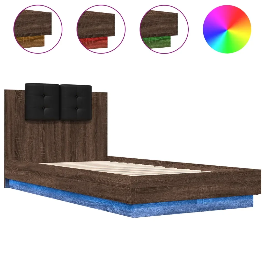 Letto singolo | Letto per adulti | Giroletto con Testiera e LED Rovere Marrone 75x190 cm