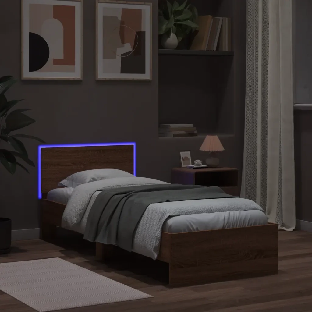 Letto singolo | Letto per adulti | Giroletto con Testiera e LED Rovere Marrone 75x190 cm - Image 5
