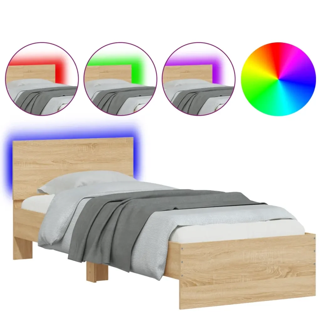 Letto singolo | Letto per adulti | Giroletto con Testiera e LED Rovere Sonoma 75x190 cm