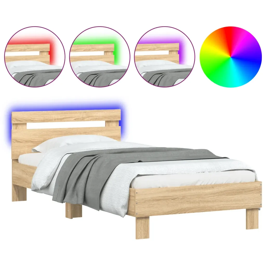 Letto singolo | Letto per adulti | Giroletto con Testiera e LED Rovere Sonoma 90x190 cm