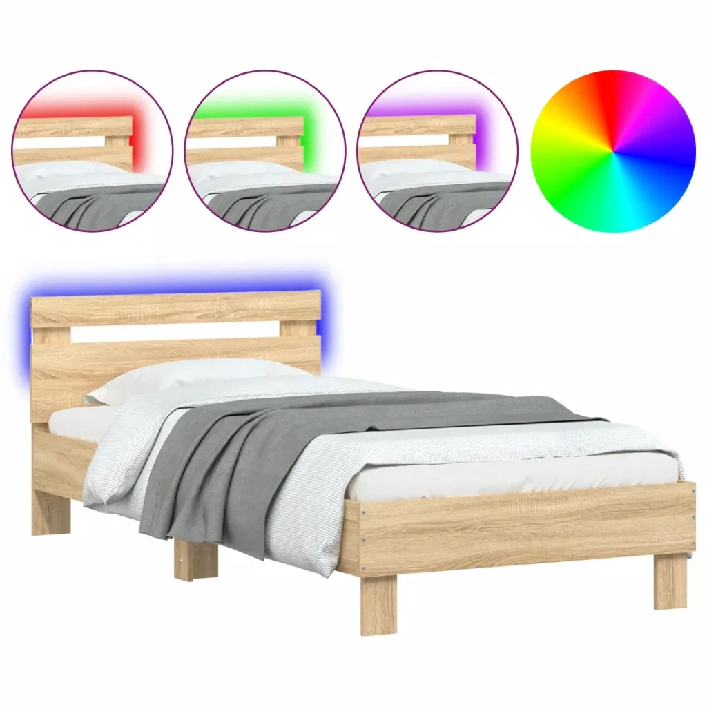 Letto singolo | Letto per adulti | Giroletto con Testiera e LED Rovere Sonoma 90x200 cm