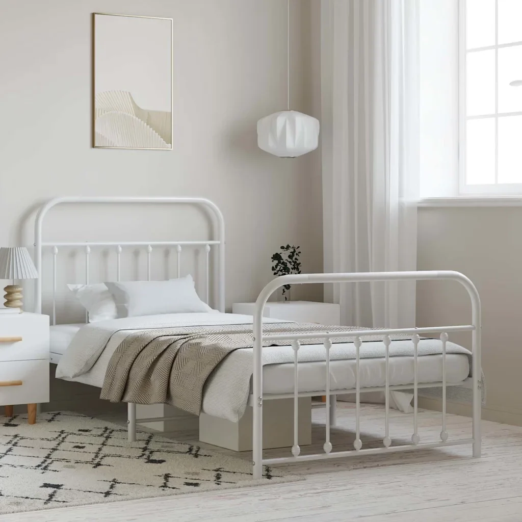 Letto singolo | Letto per adulti | Giroletto con Testiera e Pediera Metallo Bianco 100x190 cm - Image 2