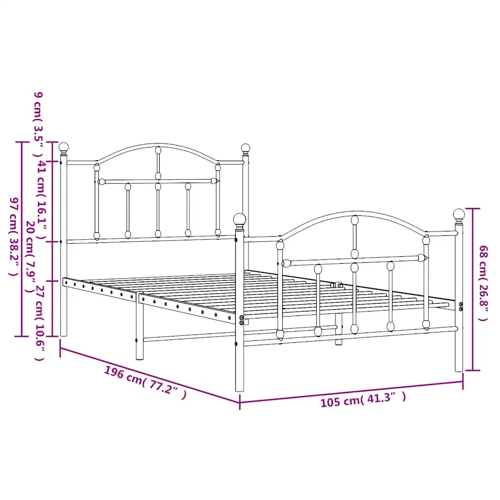 Letto singolo | Letto per adulti | Giroletto con Testiera e Pediera Metallo Bianco 100x190 cm - Image 10