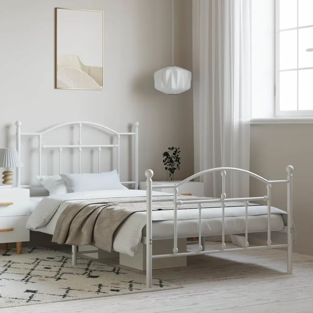Letto singolo | Letto per adulti | Giroletto con Testiera e Pediera Metallo Bianco 100x190 cm - Image 2
