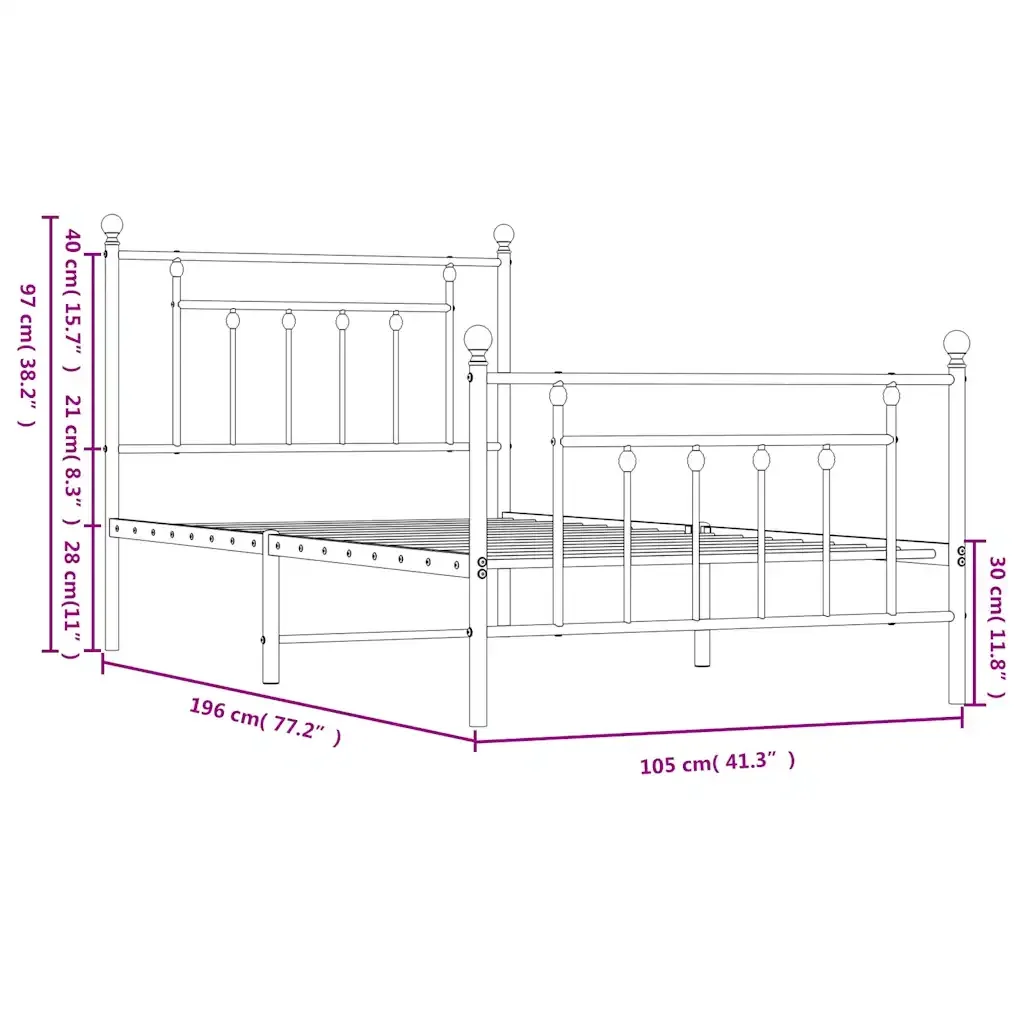 Letto singolo | Letto per adulti | Giroletto con Testiera e Pediera Metallo Bianco 100x190 cm - Image 10