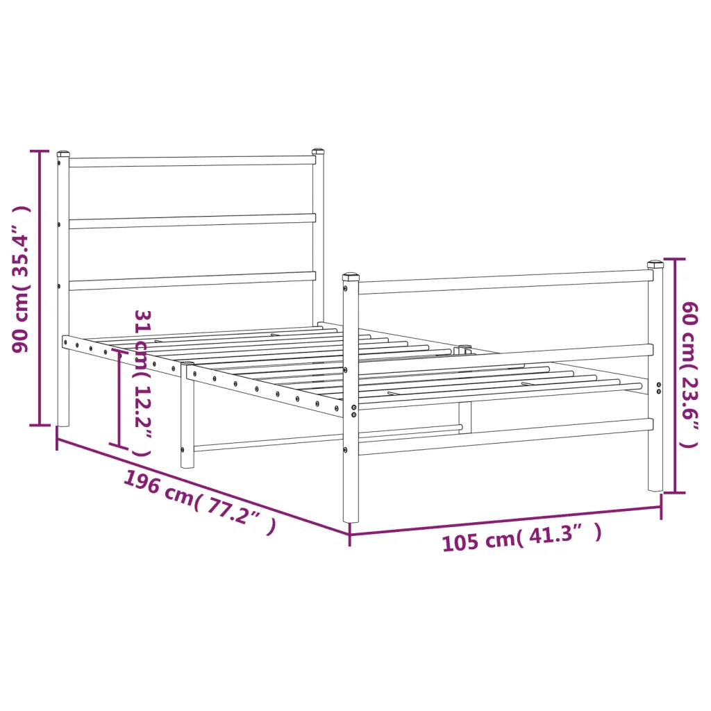 Letto singolo | Letto per adulti | Giroletto con Testiera e Pediera Metallo Bianco 100x190 cm - Image 10