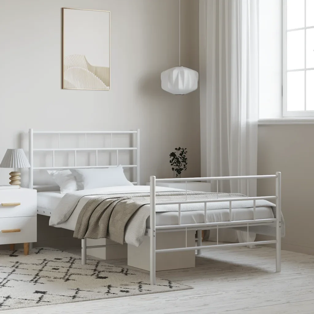 Letto singolo | Letto per adulti | Giroletto con Testiera e Pediera Metallo Bianco 100x190 cm - Image 2