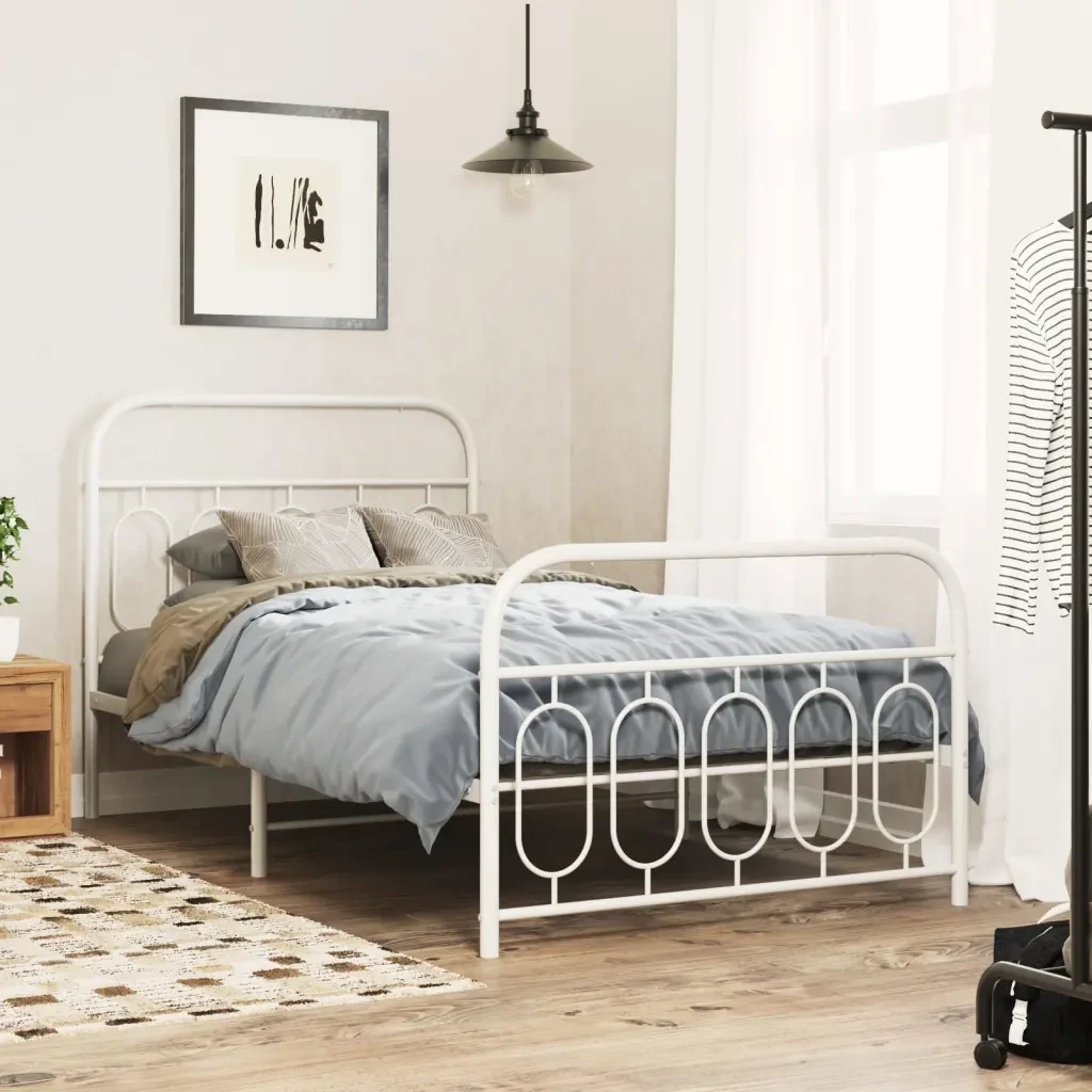 Letto singolo | Letto per adulti | Giroletto con Testiera e Pediera Metallo Bianco 100x190 cm - Image 2