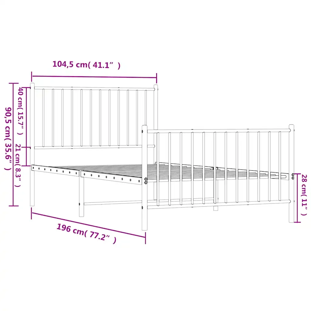 Letto singolo | Letto per adulti | Giroletto con Testiera e Pediera Metallo Bianco 100x190 cm - Image 10