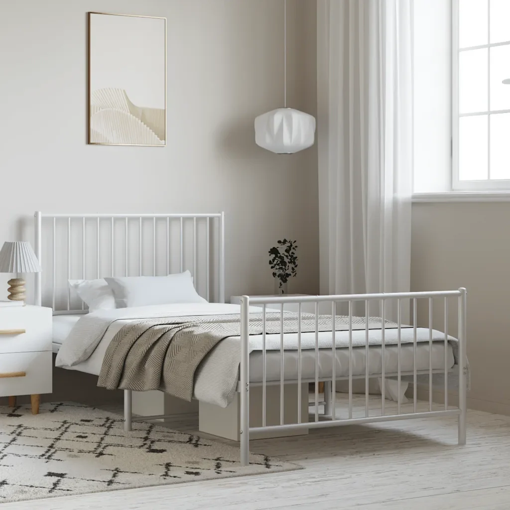 Letto singolo | Letto per adulti | Giroletto con Testiera e Pediera Metallo Bianco 100x190 cm - Image 2