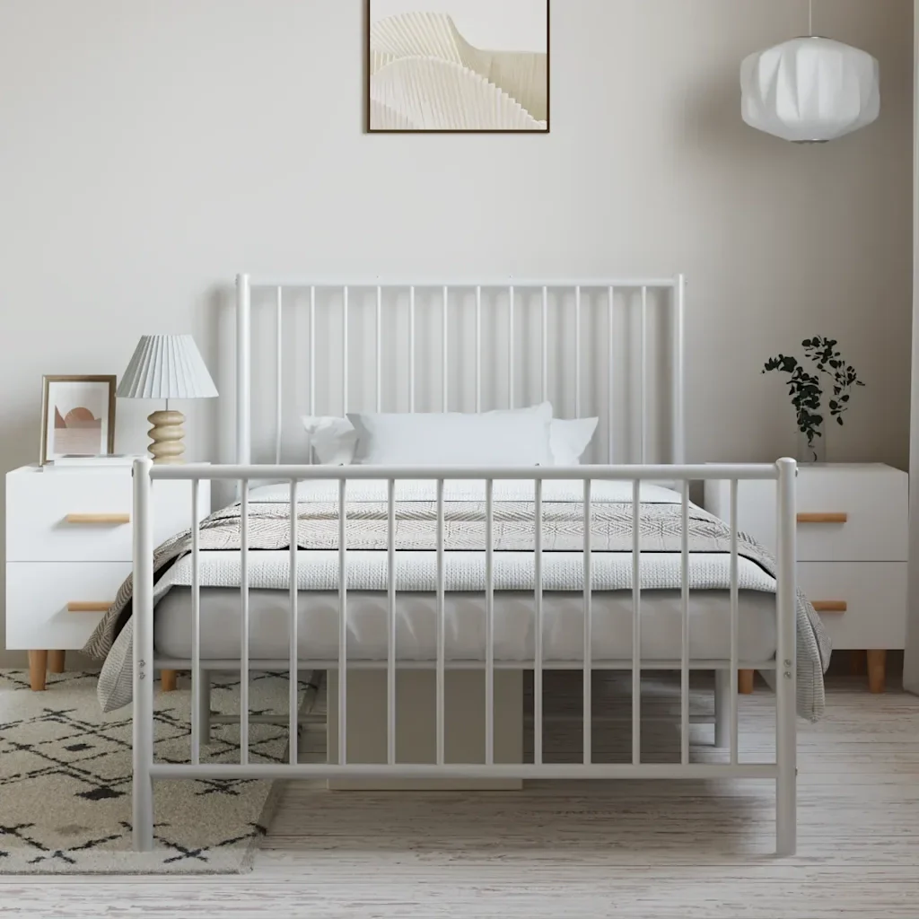 Letto singolo | Letto per adulti | Giroletto con Testiera e Pediera Metallo Bianco 100x190 cm - Image 4