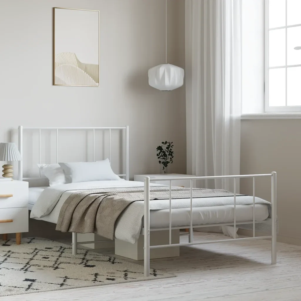 Letto singolo | Letto per adulti | Giroletto con Testiera e Pediera Metallo Bianco 100x200 cm - Image 2