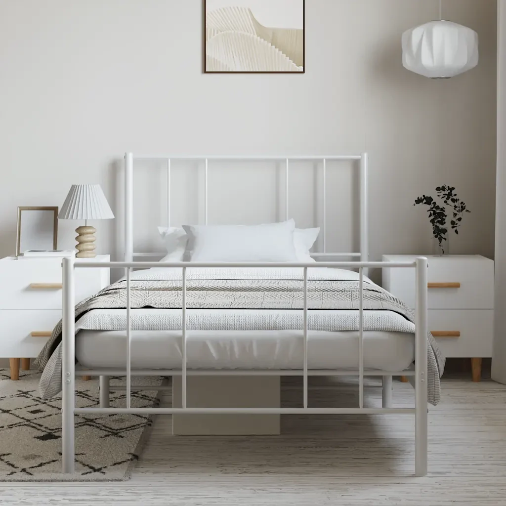 Letto singolo | Letto per adulti | Giroletto con Testiera e Pediera Metallo Bianco 100x200 cm - Image 4