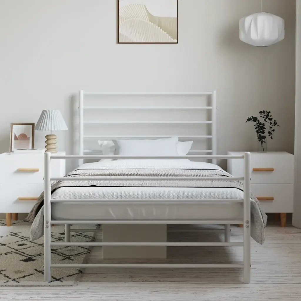 Letto singolo | Letto per adulti | Giroletto con Testiera e Pediera Metallo Bianco 100x200 cm - Image 4