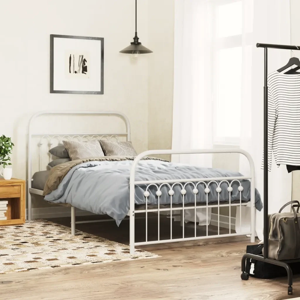 Letto singolo | Letto per adulti | Giroletto con Testiera e Pediera Metallo Bianco 100x200 cm - Image 2