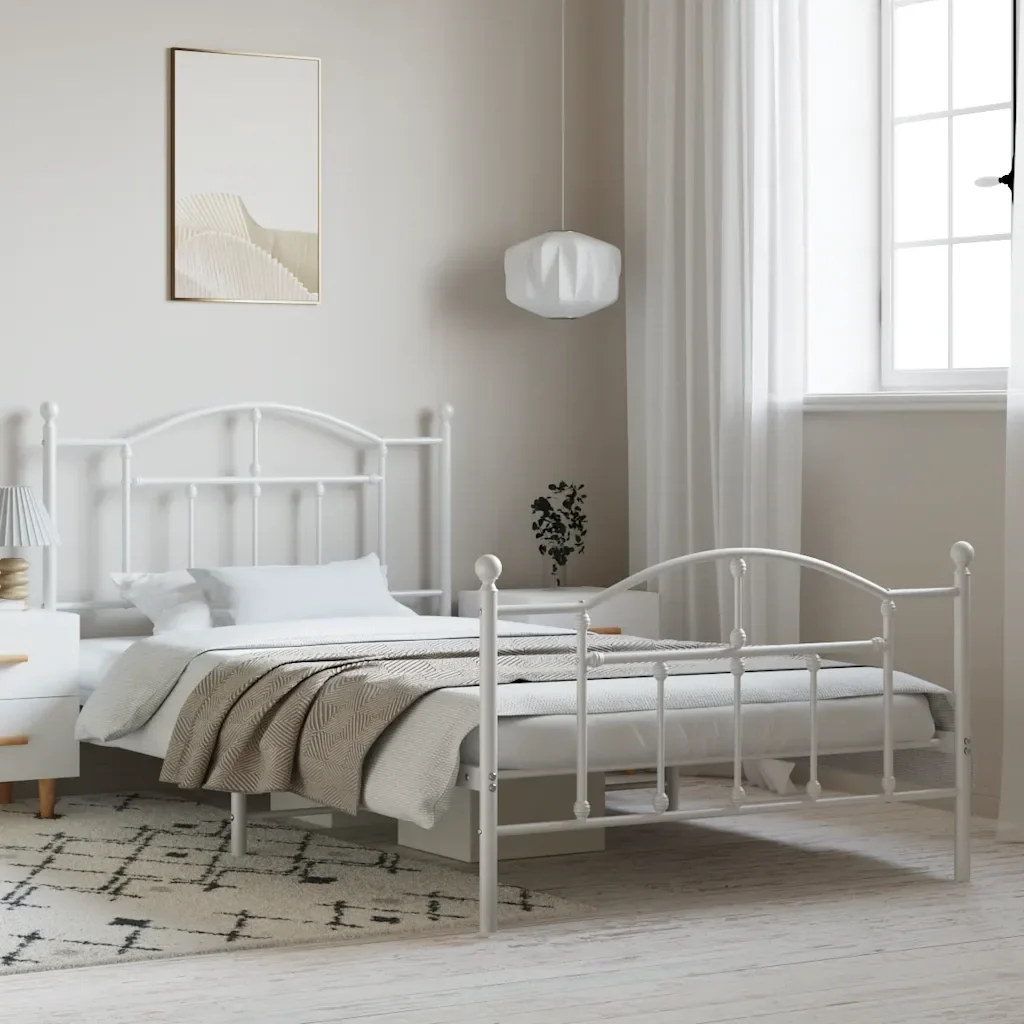 Letto singolo | Letto per adulti | Giroletto con Testiera e Pediera Metallo Bianco 100x200 cm - Image 2