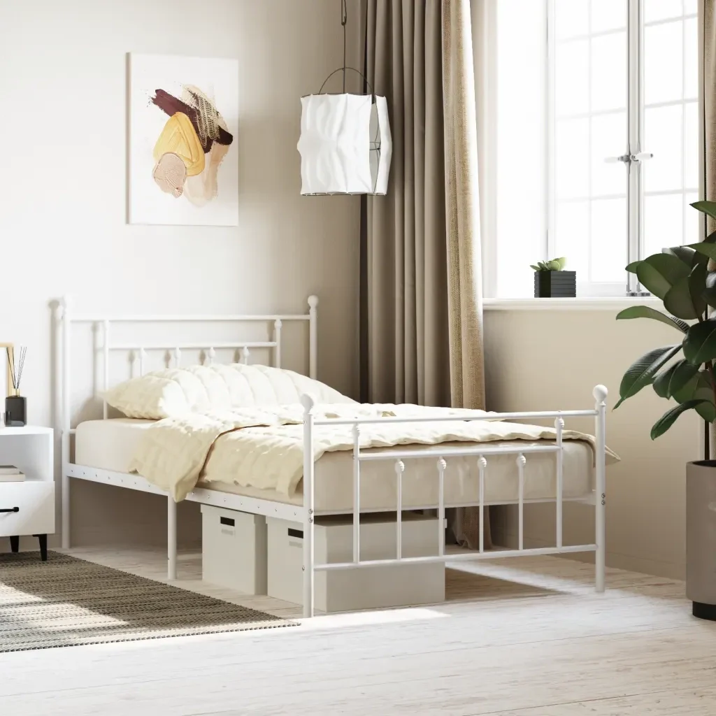 Letto singolo | Letto per adulti | Giroletto con Testiera e Pediera Metallo Bianco 100x200 cm - Image 2