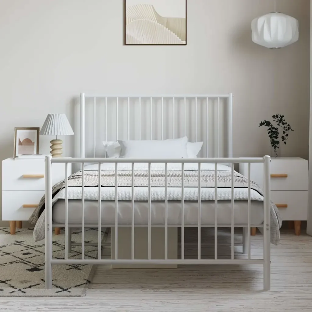 Letto singolo | Letto per adulti | Giroletto con Testiera e Pediera Metallo Bianco 100x200 cm - Image 4