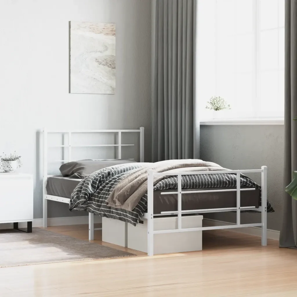 Letto singolo | Letto per adulti | Giroletto con Testiera e Pediera Metallo Bianco 100x200 cm - Image 2
