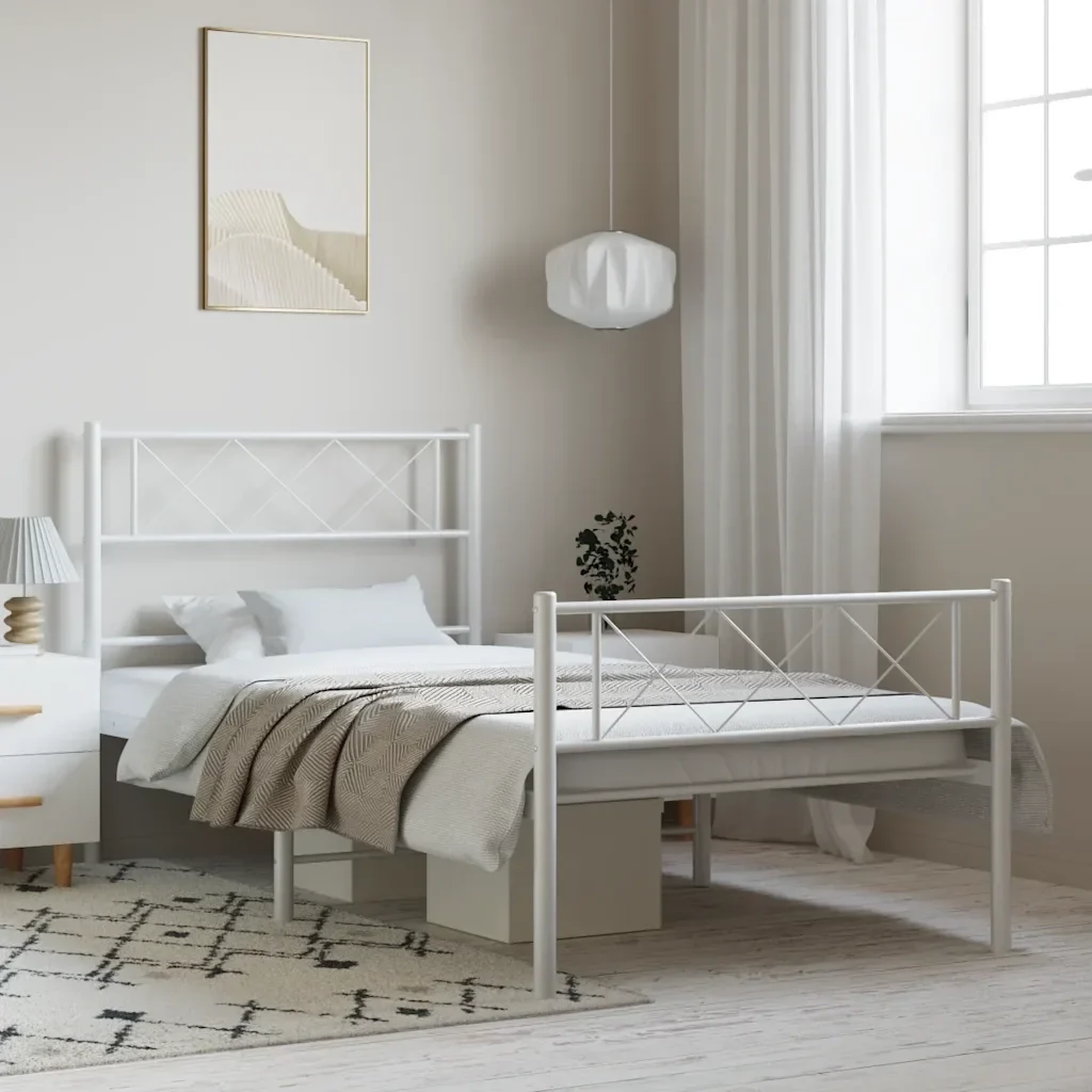 Letto singolo | Letto per adulti | Giroletto con Testiera e Pediera Metallo Bianco 100x200 cm - Image 2