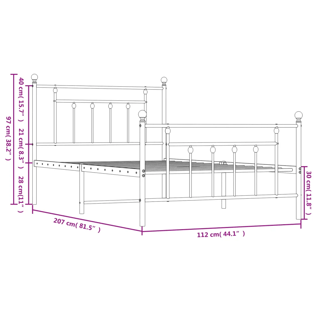 Letto singolo | Letto per adulti | Giroletto con Testiera e Pediera Metallo Bianco 107x203 cm - Image 10