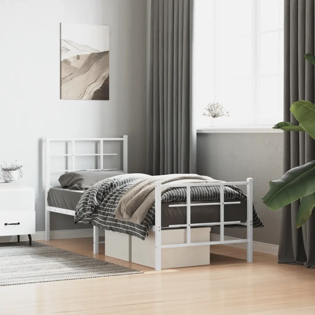 Letto singolo | Letto per adulti | Giroletto con Testiera e Pediera Metallo Bianco 75x190 cm - Image 2