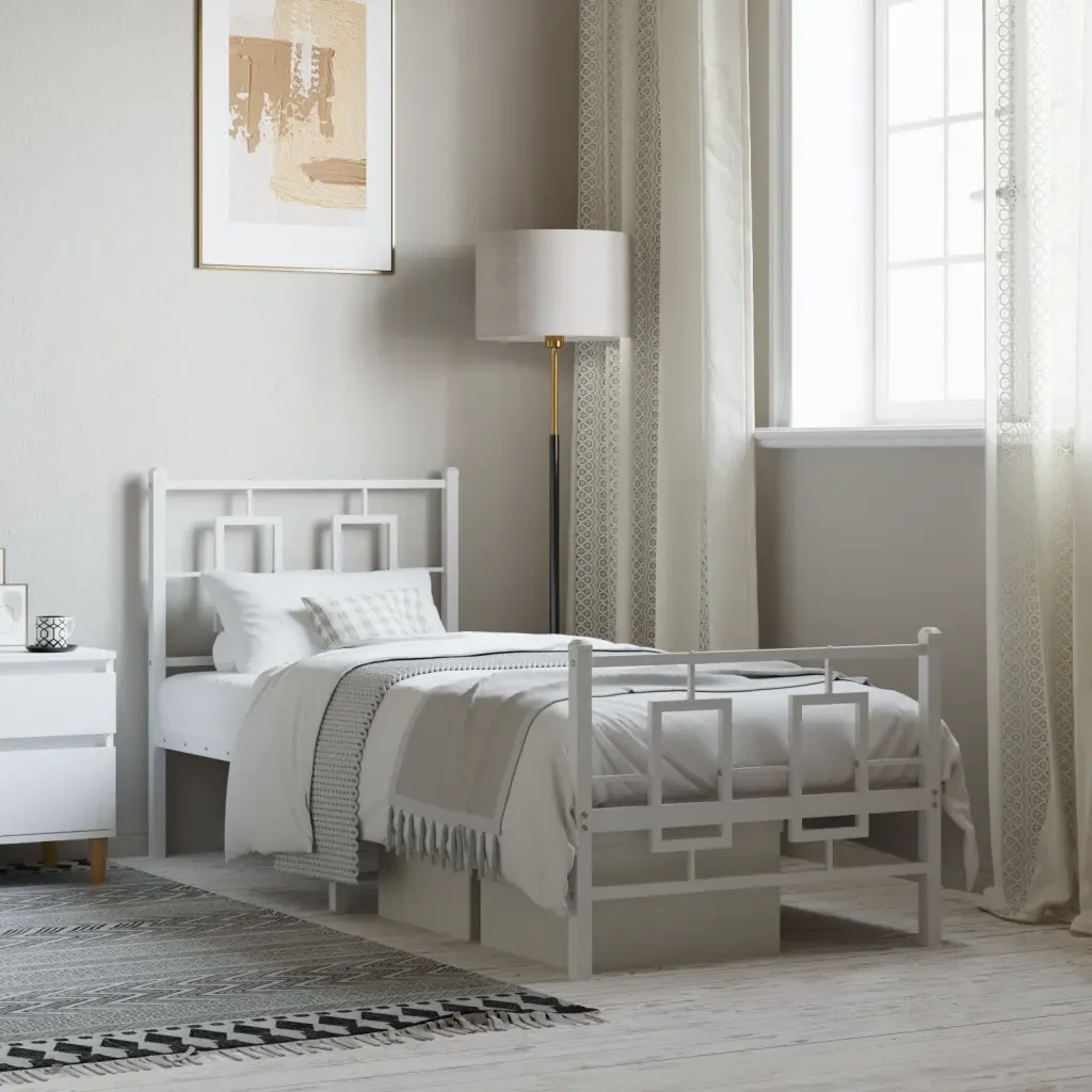 Letto singolo | Letto per adulti | Giroletto con Testiera e Pediera Metallo Bianco 75x190 cm - Image 2