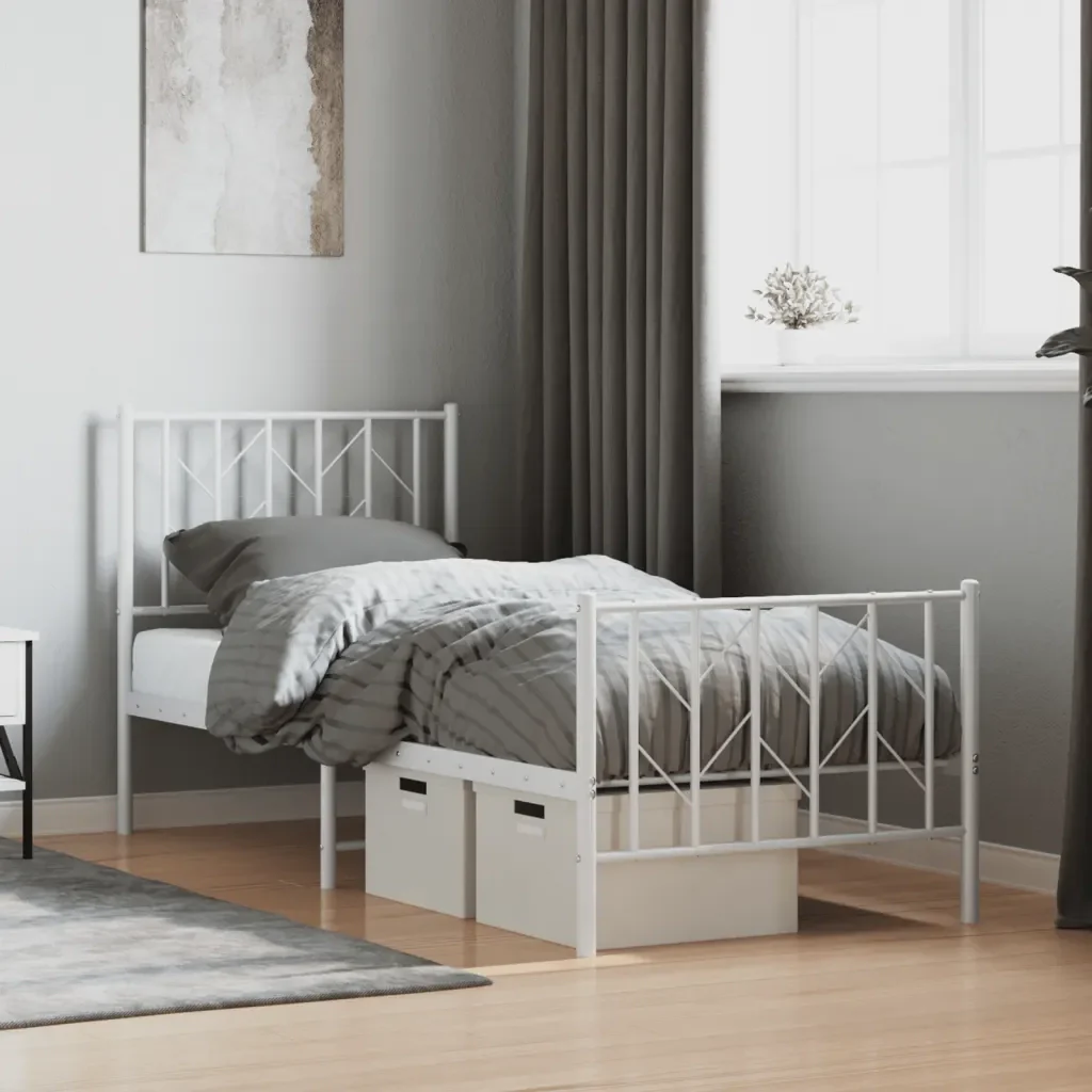 Letto singolo | Letto per adulti | Giroletto con Testiera e Pediera Metallo Bianco 75x190 cm - Image 2