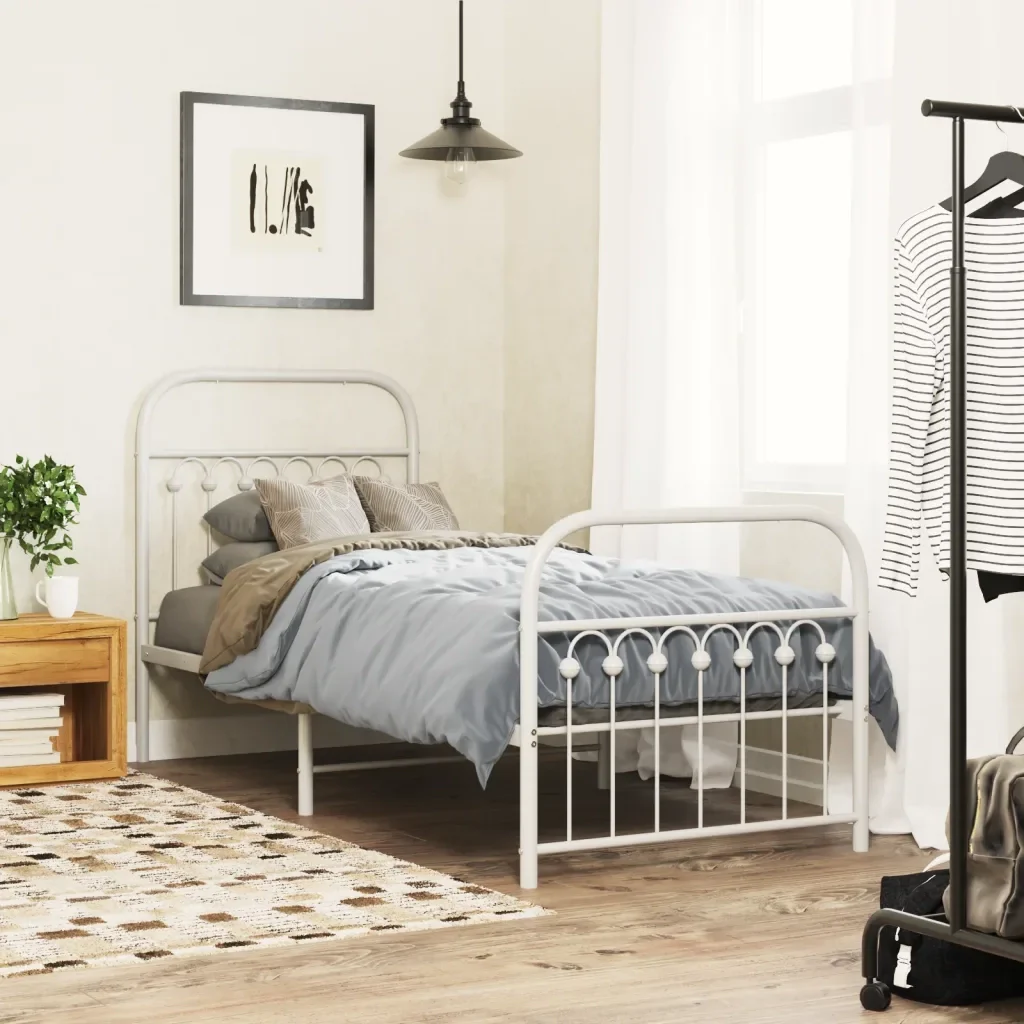 Letto singolo | Letto per adulti | Giroletto con Testiera e Pediera Metallo Bianco 75x190 cm - Image 2
