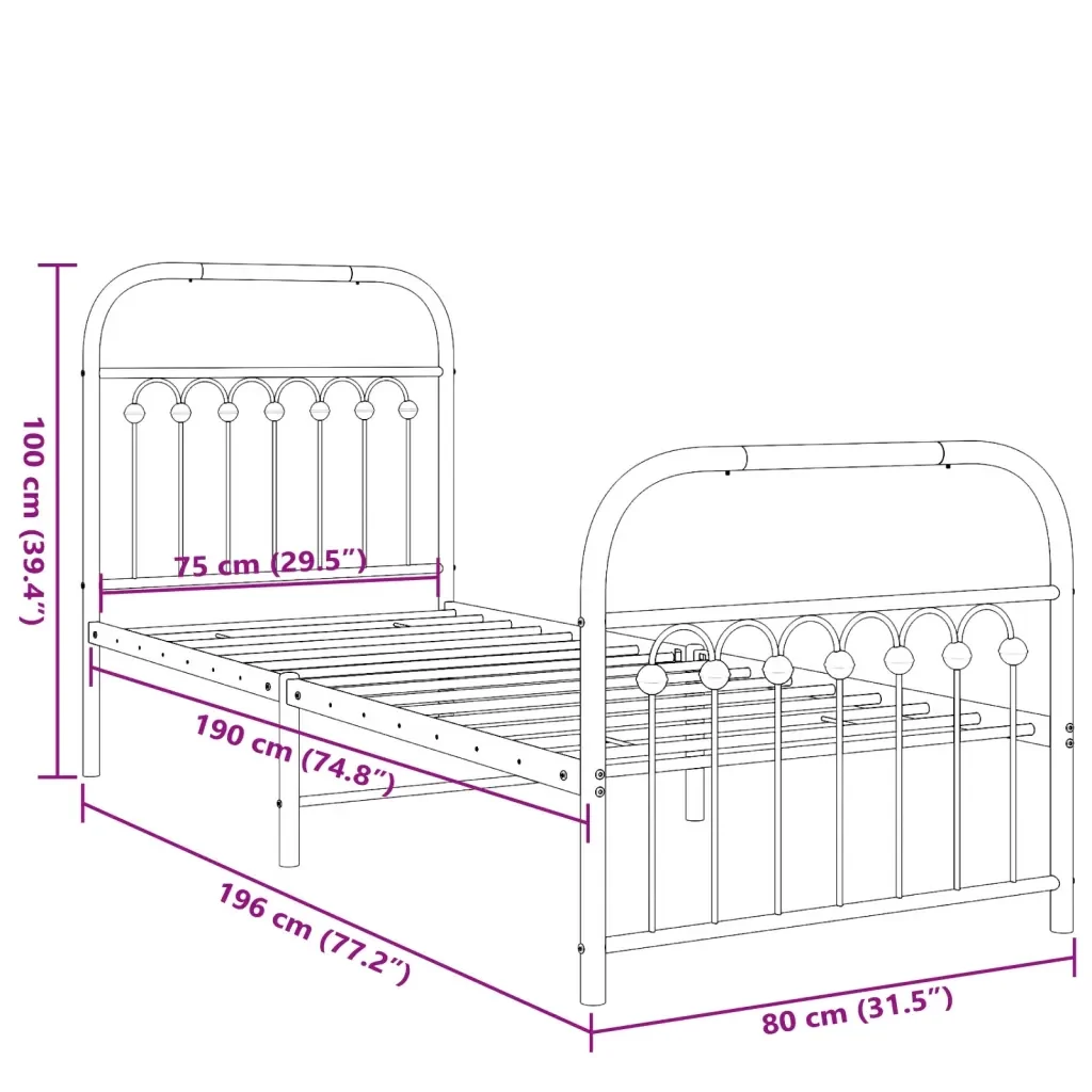 Letto singolo | Letto per adulti | Giroletto con Testiera e Pediera Metallo Bianco 75x190 cm - Image 8
