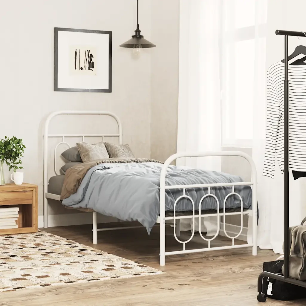Letto singolo | Letto per adulti | Giroletto con Testiera e Pediera Metallo Bianco 75x190 cm - Image 2