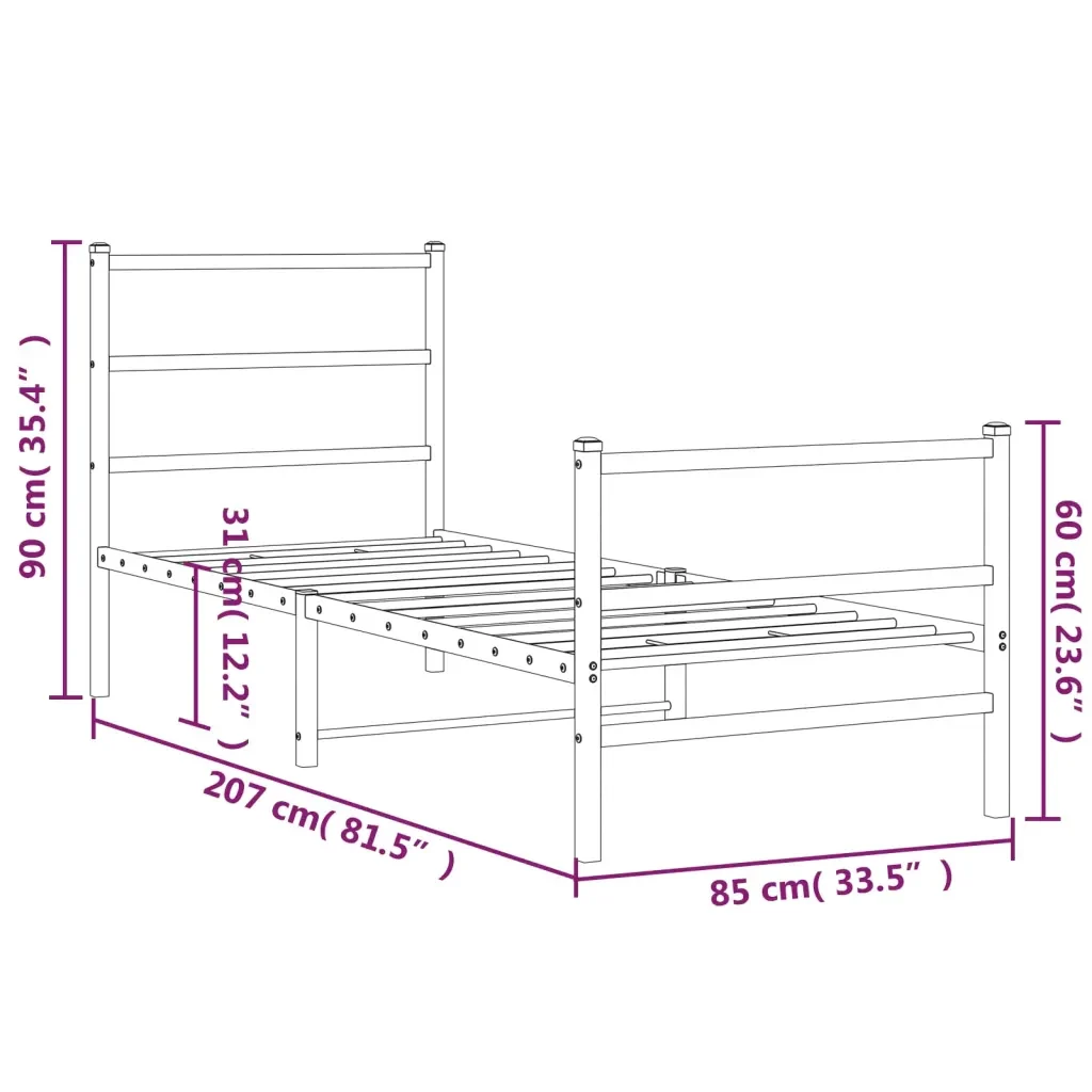Letto singolo | Letto per adulti | Giroletto con Testiera e Pediera Metallo Bianco 80x200 cm - Image 10