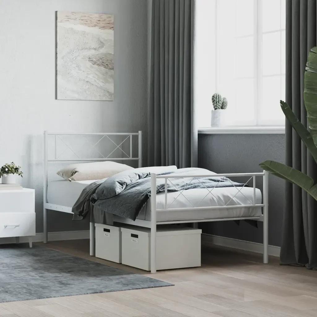 Letto singolo | Letto per adulti | Giroletto con Testiera e Pediera Metallo Bianco 80x200 cm - Image 2