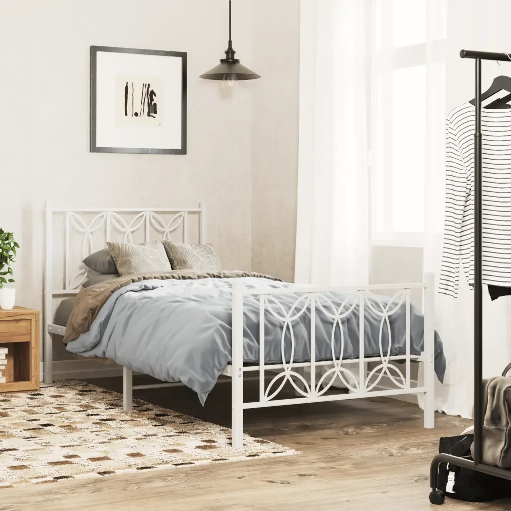 Letto singolo | Letto per adulti | Giroletto con Testiera e Pediera Metallo Bianco 80x200 cm - Image 2