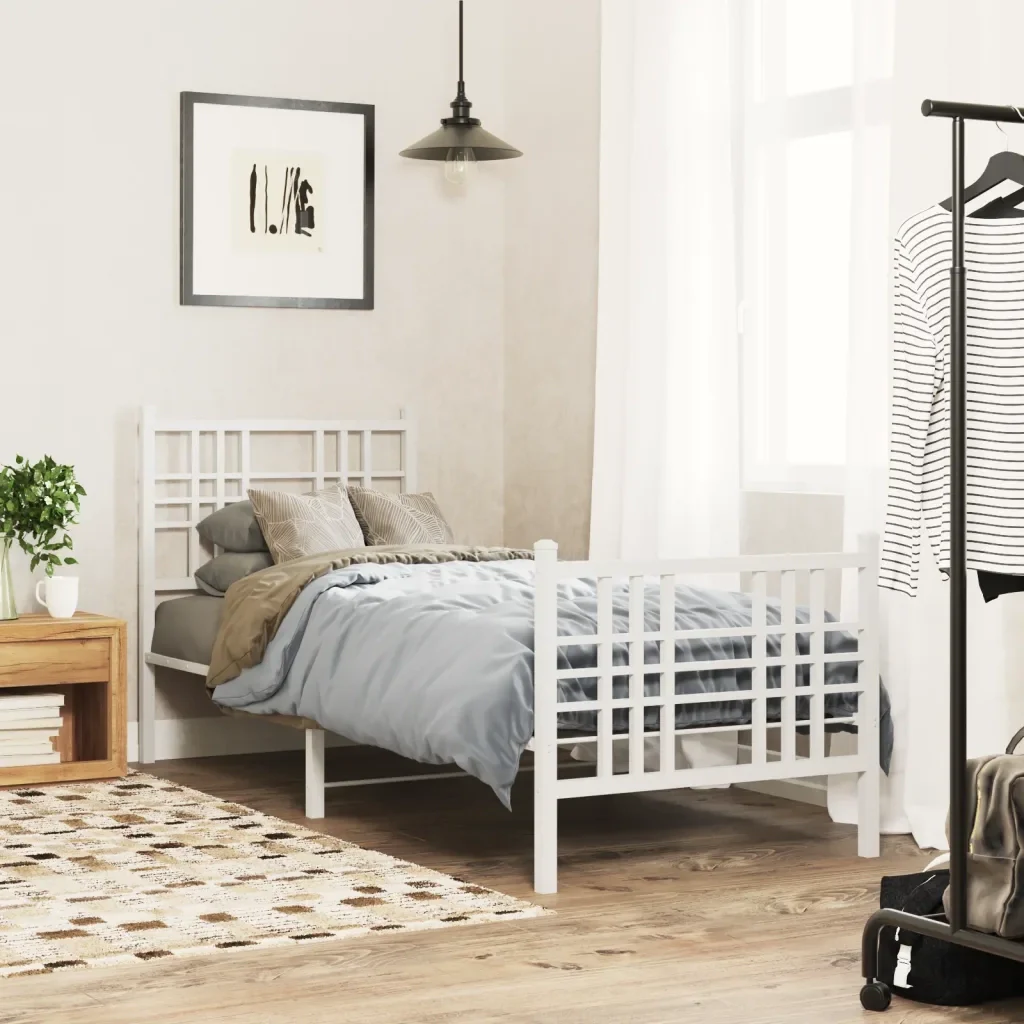 Letto singolo | Letto per adulti | Giroletto con Testiera e Pediera Metallo Bianco 80x200 cm - Image 2