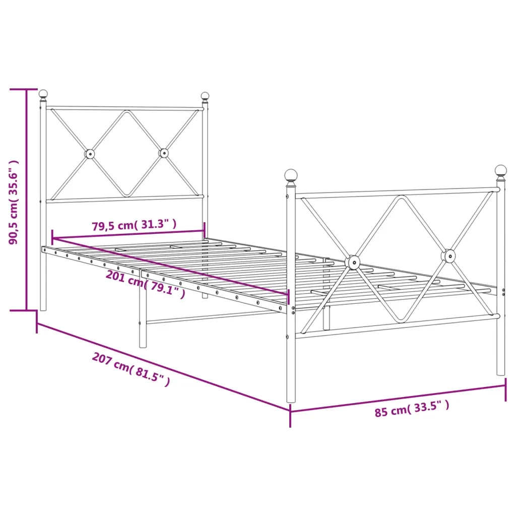 Letto singolo | Letto per adulti | Giroletto con Testiera e Pediera Metallo Bianco 80x200 cm - Image 8
