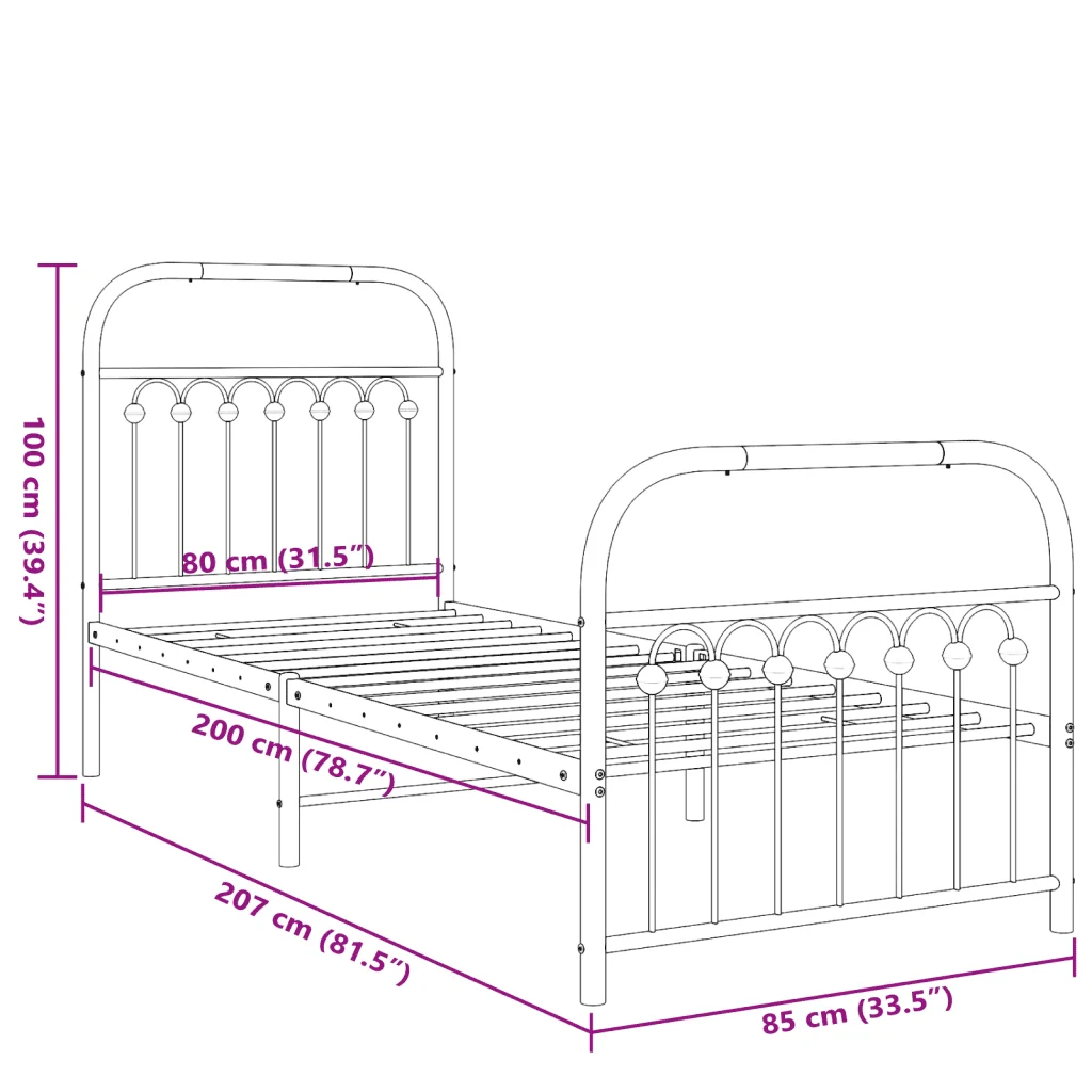 Letto singolo | Letto per adulti | Giroletto con Testiera e Pediera Metallo Bianco 80x200 cm - Image 8