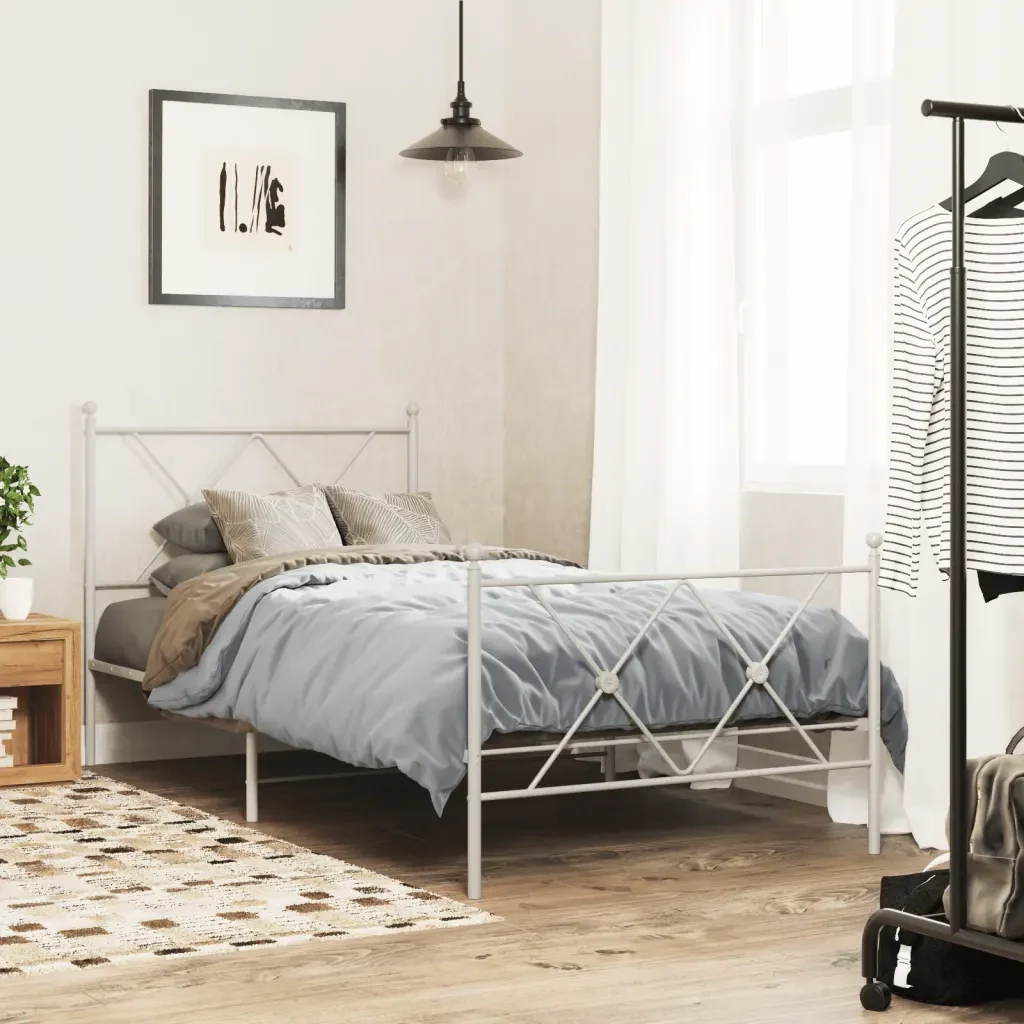 Letto singolo | Letto per adulti | Giroletto con Testiera e Pediera Metallo Bianco 90x190 cm - Image 2