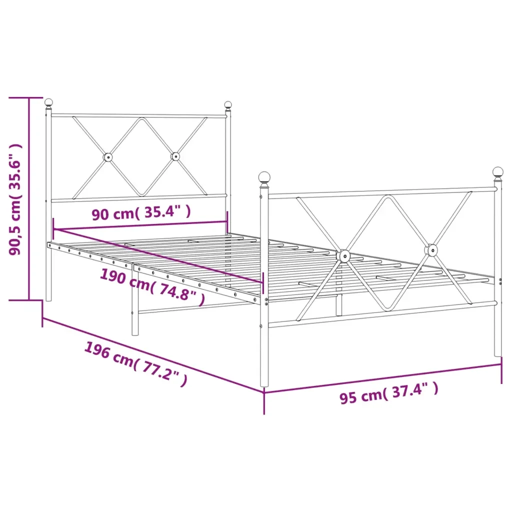 Letto singolo | Letto per adulti | Giroletto con Testiera e Pediera Metallo Bianco 90x190 cm - Image 8