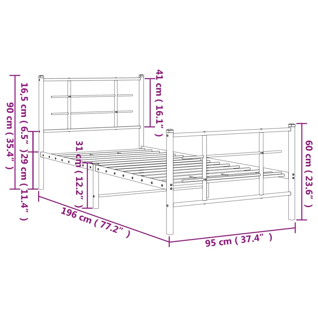 Letto singolo | Letto per adulti | Giroletto con Testiera e Pediera Metallo Bianco 90x190 cm - Image 10