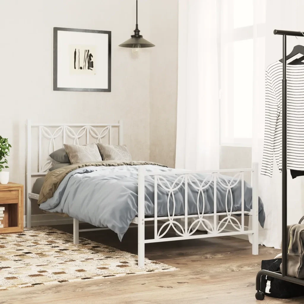 Letto singolo | Letto per adulti | Giroletto con Testiera e Pediera Metallo Bianco 90x190 cm - Image 2