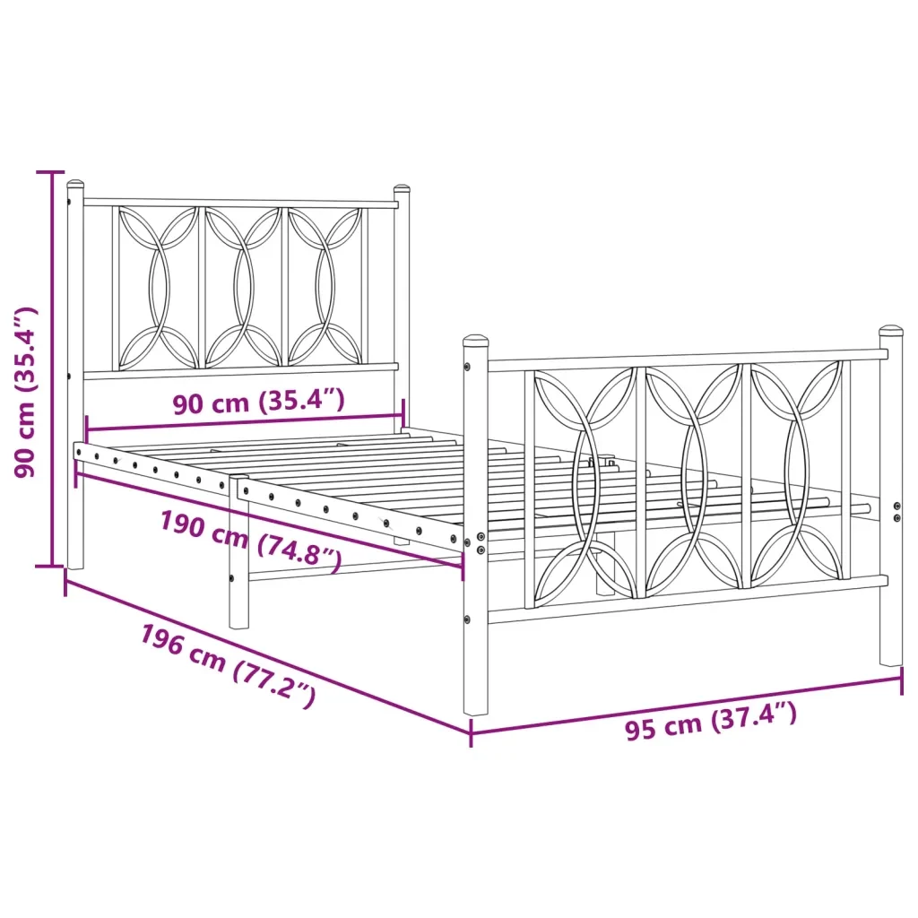 Letto singolo | Letto per adulti | Giroletto con Testiera e Pediera Metallo Bianco 90x190 cm - Image 8