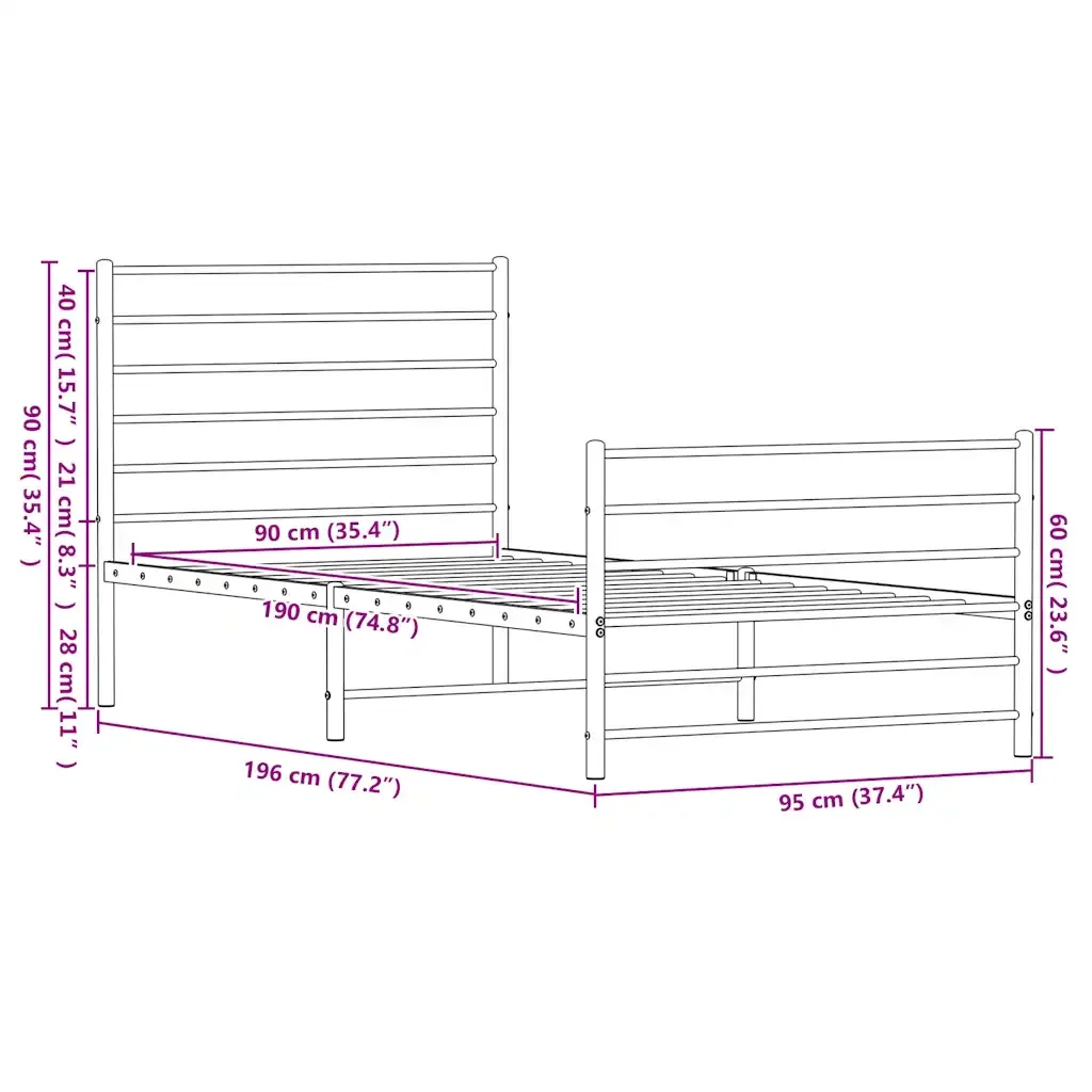 Letto singolo | Letto per adulti | Giroletto con Testiera e Pediera Metallo Bianco 90x190 cm - Image 10