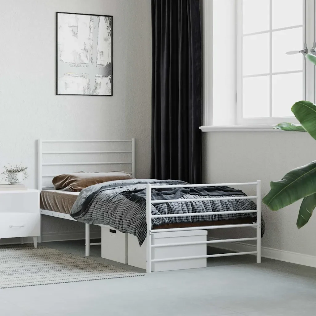 Letto singolo | Letto per adulti | Giroletto con Testiera e Pediera Metallo Bianco 90x190 cm - Image 2